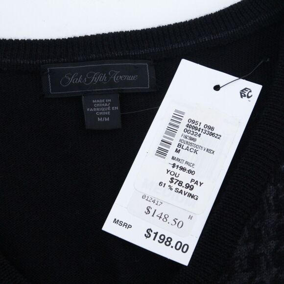 NWT Saks 5th Avenue Mens Black V-Neck Ribbed Merino Wool Pullover Sweater Medium - Picture 7 of 10